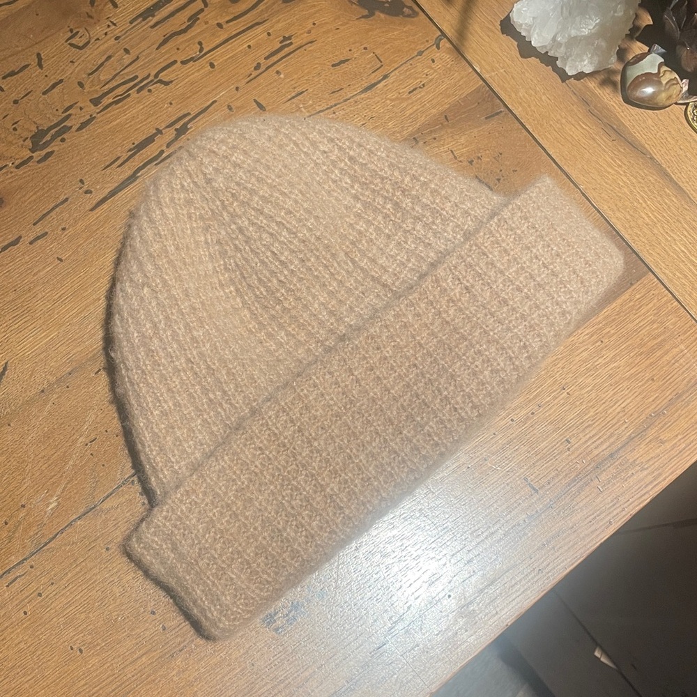 Cashmere Beanie White + Warren one size adjustable cuff 100% cashmere beige tan